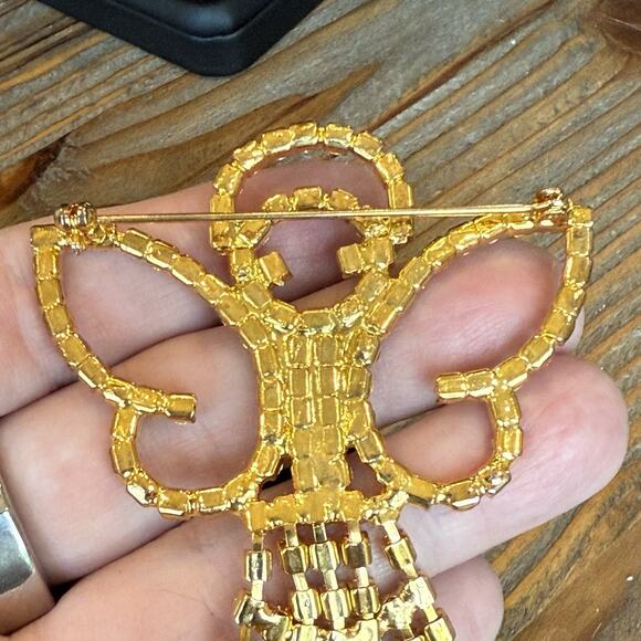 Vintage Angle Shaped Waterfall Dangle Fringe Rhinestones Brooch Pin Gold Toned - Picture 3 of 8